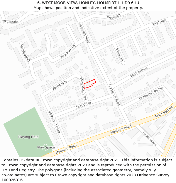 6, WEST MOOR VIEW, HONLEY, HOLMFIRTH, HD9 6HU: Location map and indicative extent of plot