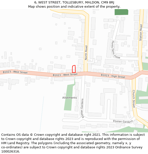 6, WEST STREET, TOLLESBURY, MALDON, CM9 8RJ: Location map and indicative extent of plot