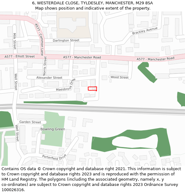 6, WESTERDALE CLOSE, TYLDESLEY, MANCHESTER, M29 8SA: Location map and indicative extent of plot