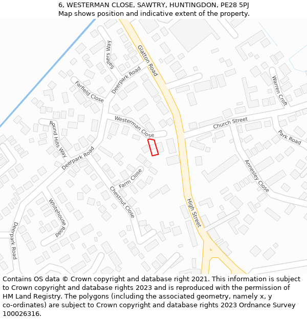 6, WESTERMAN CLOSE, SAWTRY, HUNTINGDON, PE28 5PJ: Location map and indicative extent of plot