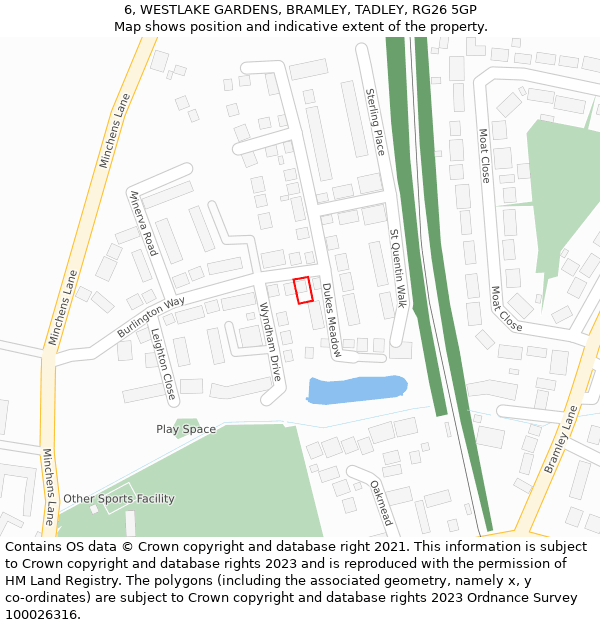 6, WESTLAKE GARDENS, BRAMLEY, TADLEY, RG26 5GP: Location map and indicative extent of plot