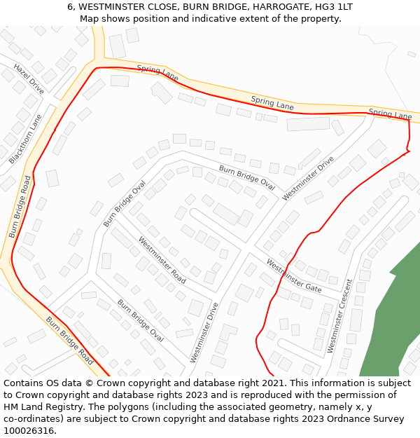 6, WESTMINSTER CLOSE, BURN BRIDGE, HARROGATE, HG3 1LT: Location map and indicative extent of plot