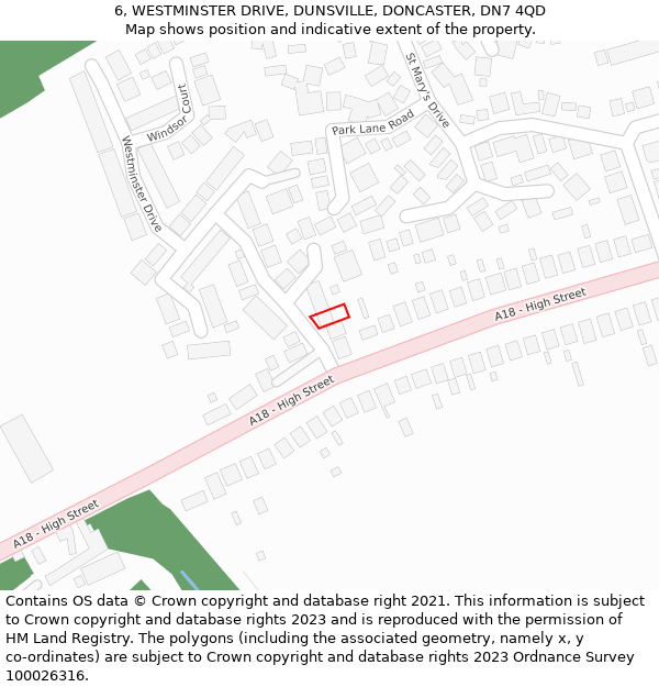 6, WESTMINSTER DRIVE, DUNSVILLE, DONCASTER, DN7 4QD: Location map and indicative extent of plot