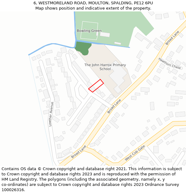 6, WESTMORELAND ROAD, MOULTON, SPALDING, PE12 6PU: Location map and indicative extent of plot