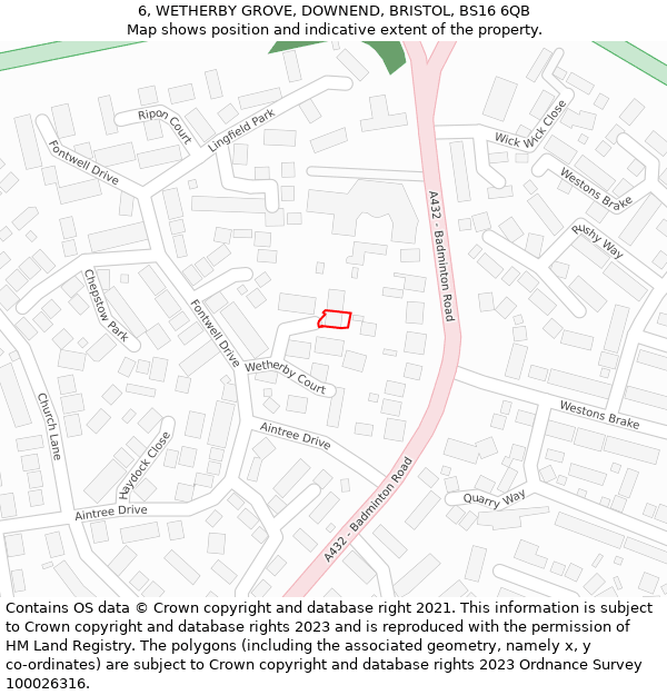 6, WETHERBY GROVE, DOWNEND, BRISTOL, BS16 6QB: Location map and indicative extent of plot