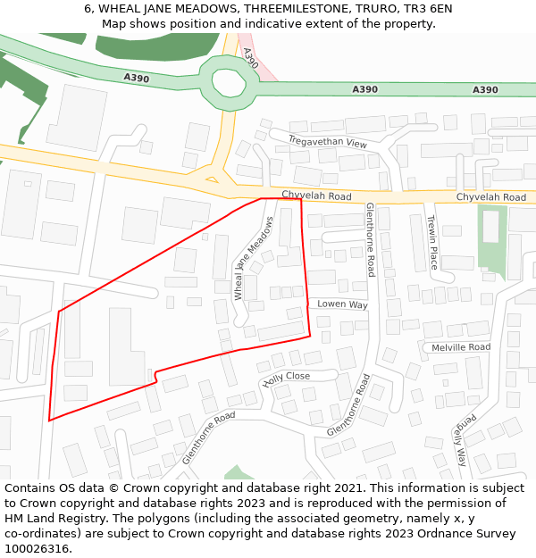 6, WHEAL JANE MEADOWS, THREEMILESTONE, TRURO, TR3 6EN: Location map and indicative extent of plot