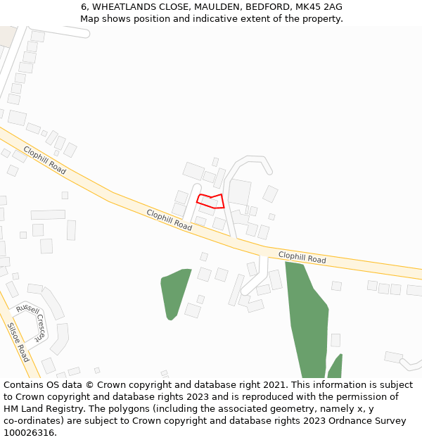 6, WHEATLANDS CLOSE, MAULDEN, BEDFORD, MK45 2AG: Location map and indicative extent of plot