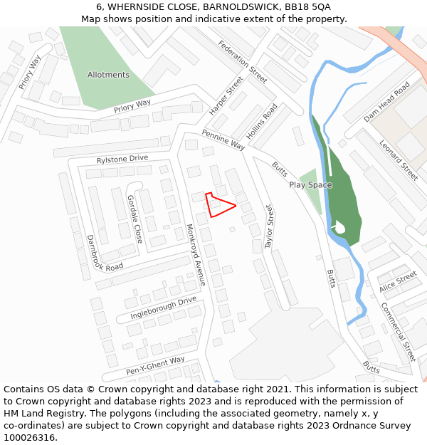 6, WHERNSIDE CLOSE, BARNOLDSWICK, BB18 5QA: Location map and indicative extent of plot
