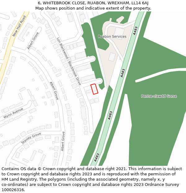 6, WHITEBROOK CLOSE, RUABON, WREXHAM, LL14 6AJ: Location map and indicative extent of plot