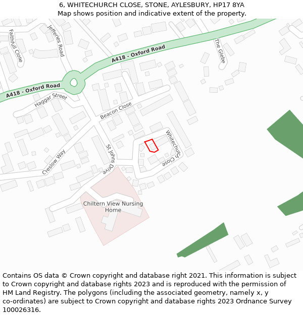 6, WHITECHURCH CLOSE, STONE, AYLESBURY, HP17 8YA: Location map and indicative extent of plot