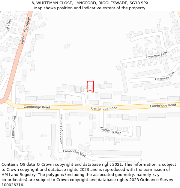 6, WHITEMAN CLOSE, LANGFORD, BIGGLESWADE, SG18 9PX: Location map and indicative extent of plot