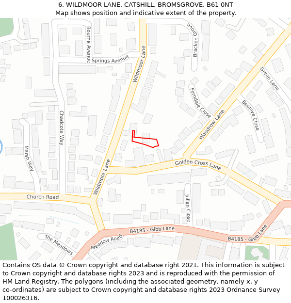 6, WILDMOOR LANE, CATSHILL, BROMSGROVE, B61 0NT: Location map and indicative extent of plot