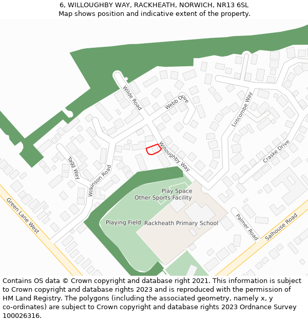 6, WILLOUGHBY WAY, RACKHEATH, NORWICH, NR13 6SL: Location map and indicative extent of plot