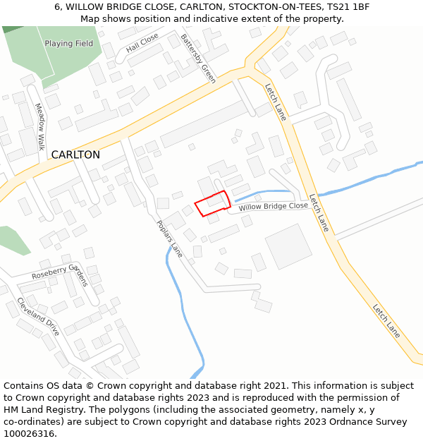 6, WILLOW BRIDGE CLOSE, CARLTON, STOCKTON-ON-TEES, TS21 1BF: Location map and indicative extent of plot