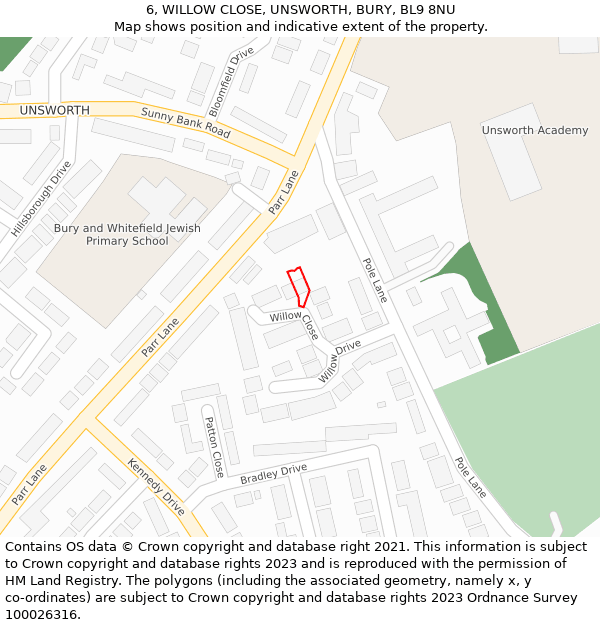6, WILLOW CLOSE, UNSWORTH, BURY, BL9 8NU: Location map and indicative extent of plot