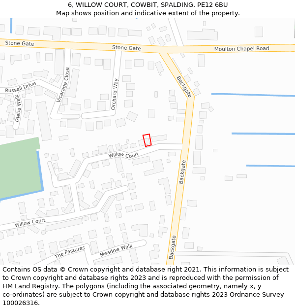 6, WILLOW COURT, COWBIT, SPALDING, PE12 6BU: Location map and indicative extent of plot