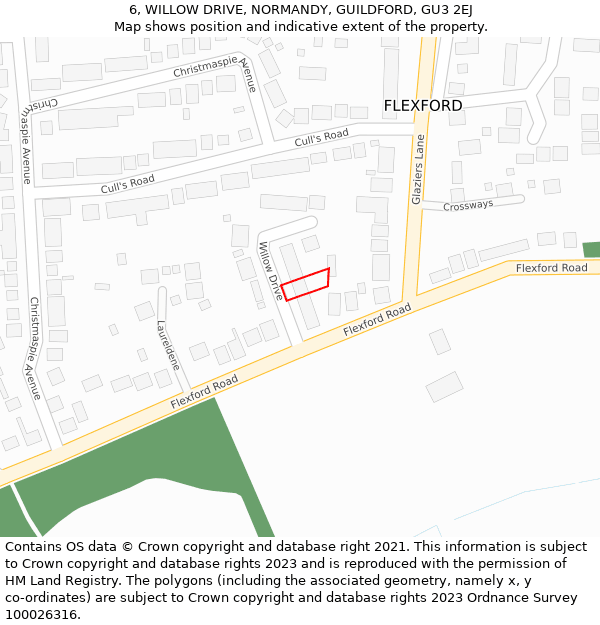 6, WILLOW DRIVE, NORMANDY, GUILDFORD, GU3 2EJ: Location map and indicative extent of plot