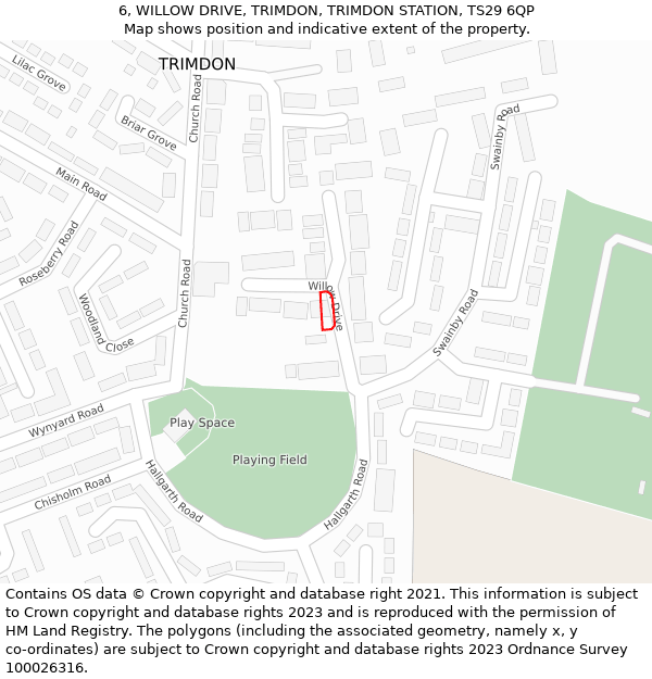 6, WILLOW DRIVE, TRIMDON, TRIMDON STATION, TS29 6QP: Location map and indicative extent of plot