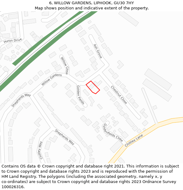 6, WILLOW GARDENS, LIPHOOK, GU30 7HY: Location map and indicative extent of plot