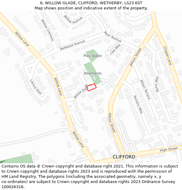 6, WILLOW GLADE, CLIFFORD, WETHERBY, LS23 6ST: Location map and indicative extent of plot