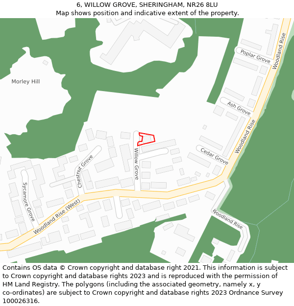 6, WILLOW GROVE, SHERINGHAM, NR26 8LU: Location map and indicative extent of plot