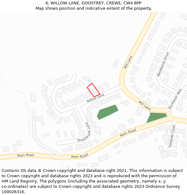 6, WILLOW LANE, GOOSTREY, CREWE, CW4 8PP: Location map and indicative extent of plot