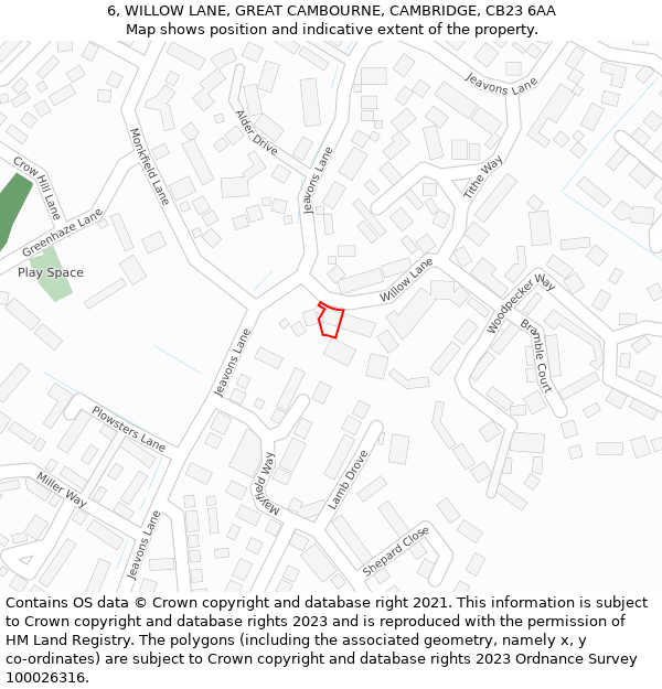 6, WILLOW LANE, GREAT CAMBOURNE, CAMBRIDGE, CB23 6AA: Location map and indicative extent of plot