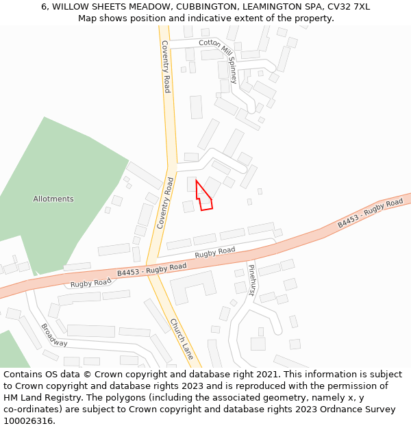 6, WILLOW SHEETS MEADOW, CUBBINGTON, LEAMINGTON SPA, CV32 7XL: Location map and indicative extent of plot