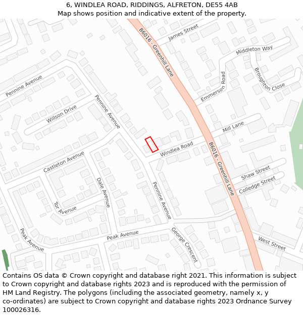 6, WINDLEA ROAD, RIDDINGS, ALFRETON, DE55 4AB: Location map and indicative extent of plot