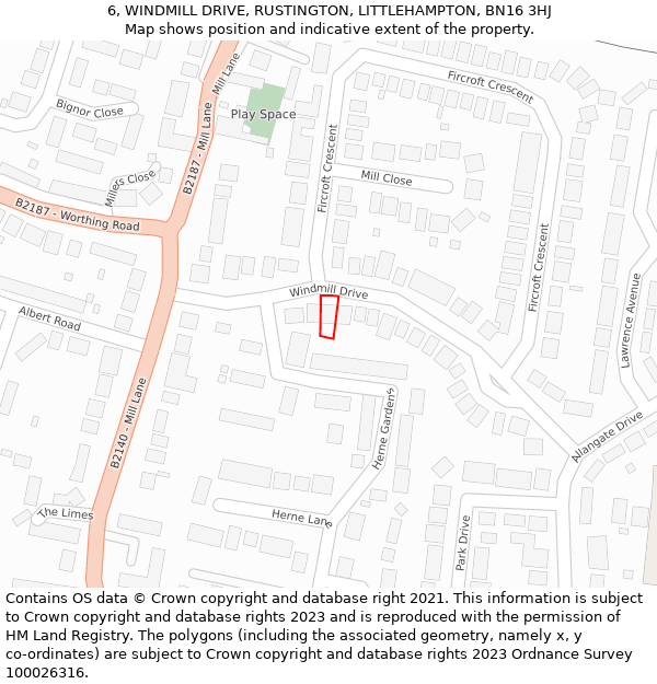 6, WINDMILL DRIVE, RUSTINGTON, LITTLEHAMPTON, BN16 3HJ: Location map and indicative extent of plot