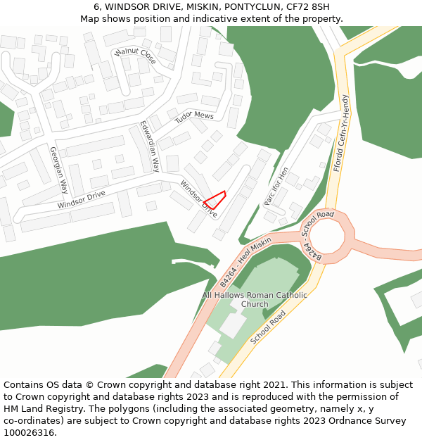 6, WINDSOR DRIVE, MISKIN, PONTYCLUN, CF72 8SH: Location map and indicative extent of plot