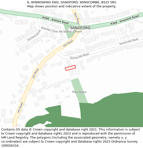 6, WINNOWING END, SANDFORD, WINSCOMBE, BS25 5RS: Location map and indicative extent of plot