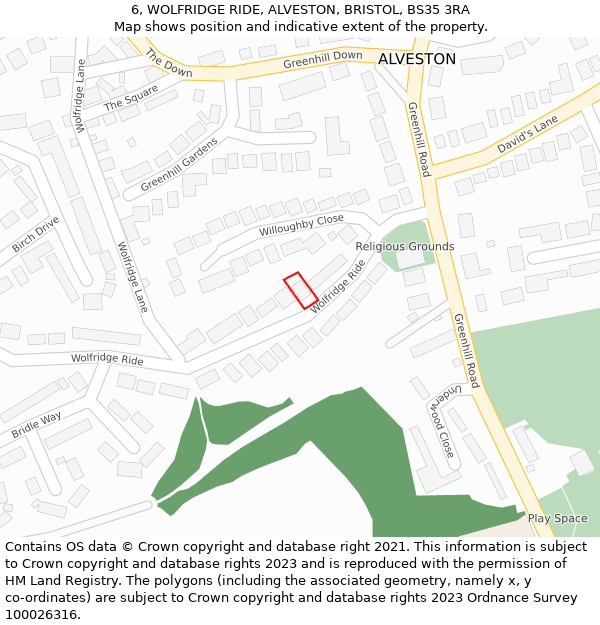 6, WOLFRIDGE RIDE, ALVESTON, BRISTOL, BS35 3RA: Location map and indicative extent of plot