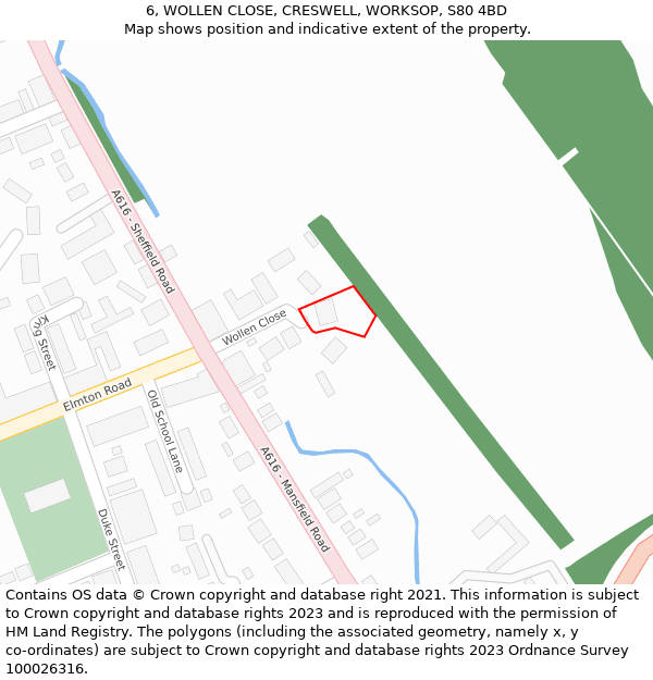 6, WOLLEN CLOSE, CRESWELL, WORKSOP, S80 4BD: Location map and indicative extent of plot