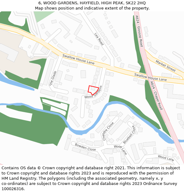 6, WOOD GARDENS, HAYFIELD, HIGH PEAK, SK22 2HQ: Location map and indicative extent of plot