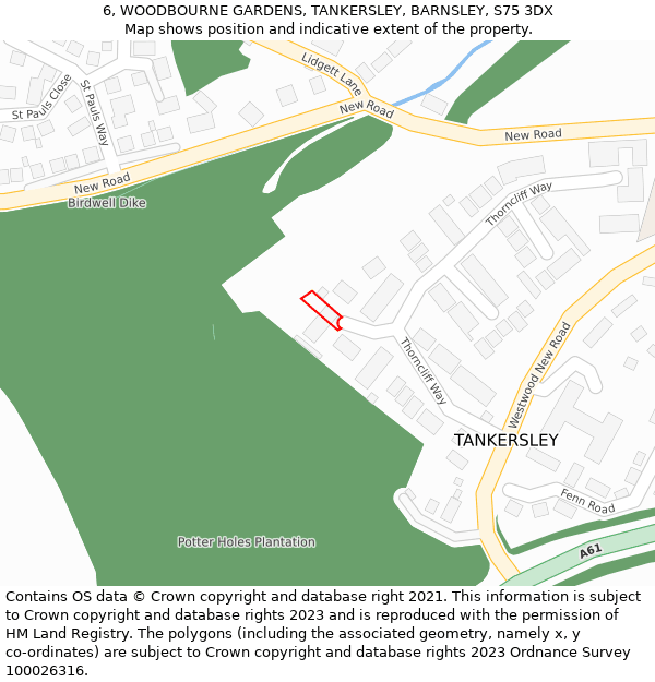 6, WOODBOURNE GARDENS, TANKERSLEY, BARNSLEY, S75 3DX: Location map and indicative extent of plot