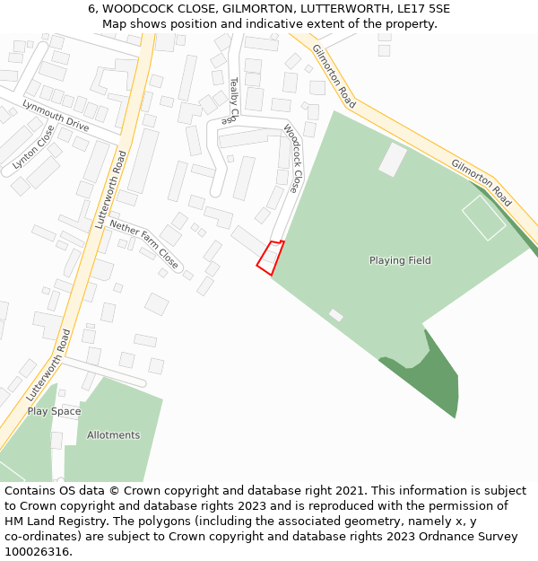 6, WOODCOCK CLOSE, GILMORTON, LUTTERWORTH, LE17 5SE: Location map and indicative extent of plot