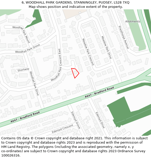 6, WOODHALL PARK GARDENS, STANNINGLEY, PUDSEY, LS28 7XQ: Location map and indicative extent of plot