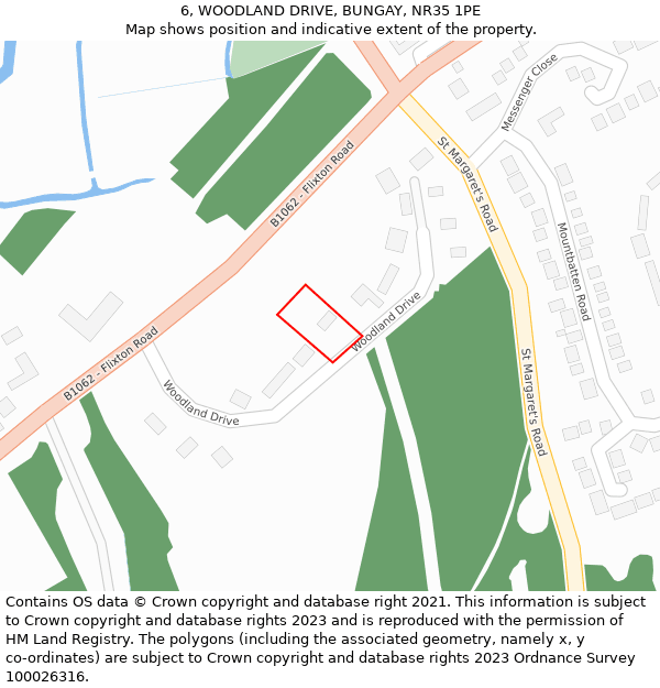6, WOODLAND DRIVE, BUNGAY, NR35 1PE: Location map and indicative extent of plot