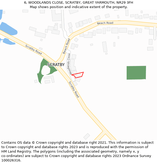 6, WOODLANDS CLOSE, SCRATBY, GREAT YARMOUTH, NR29 3FH: Location map and indicative extent of plot