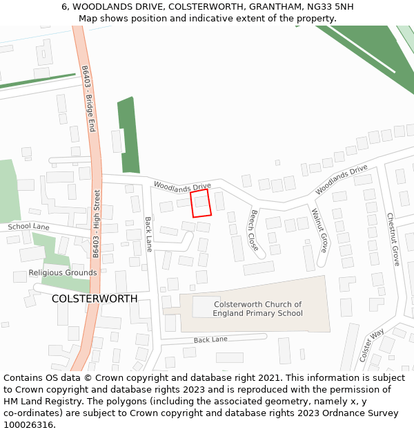 6, WOODLANDS DRIVE, COLSTERWORTH, GRANTHAM, NG33 5NH: Location map and indicative extent of plot