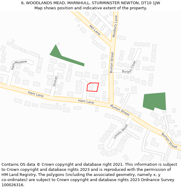 6, WOODLANDS MEAD, MARNHULL, STURMINSTER NEWTON, DT10 1JW: Location map and indicative extent of plot