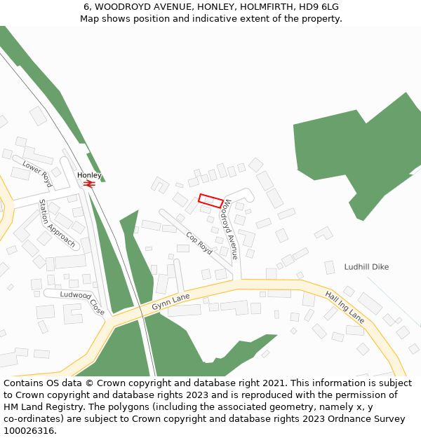 6, WOODROYD AVENUE, HONLEY, HOLMFIRTH, HD9 6LG: Location map and indicative extent of plot