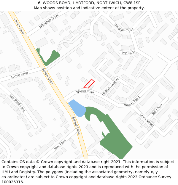 6, WOODS ROAD, HARTFORD, NORTHWICH, CW8 1SF: Location map and indicative extent of plot