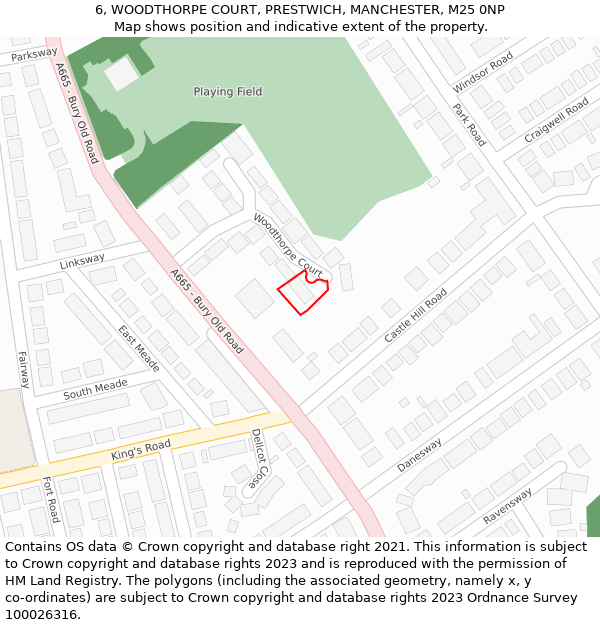 6, WOODTHORPE COURT, PRESTWICH, MANCHESTER, M25 0NP: Location map and indicative extent of plot
