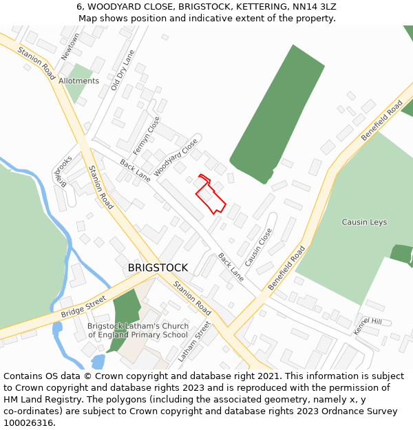 6, WOODYARD CLOSE, BRIGSTOCK, KETTERING, NN14 3LZ: Location map and indicative extent of plot