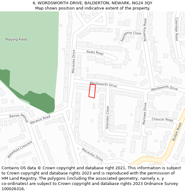 6, WORDSWORTH DRIVE, BALDERTON, NEWARK, NG24 3QY: Location map and indicative extent of plot