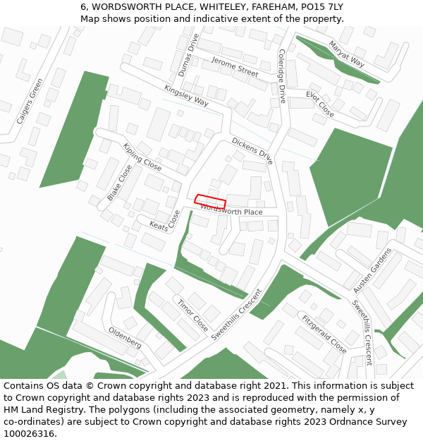 6, WORDSWORTH PLACE, WHITELEY, FAREHAM, PO15 7LY: Location map and indicative extent of plot