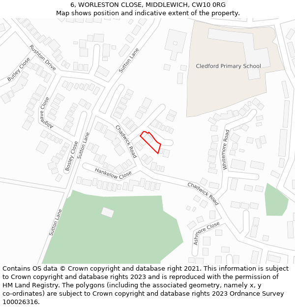 6, WORLESTON CLOSE, MIDDLEWICH, CW10 0RG: Location map and indicative extent of plot