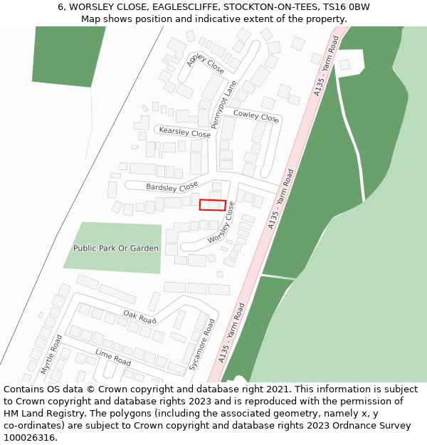 6, WORSLEY CLOSE, EAGLESCLIFFE, STOCKTON-ON-TEES, TS16 0BW: Location map and indicative extent of plot